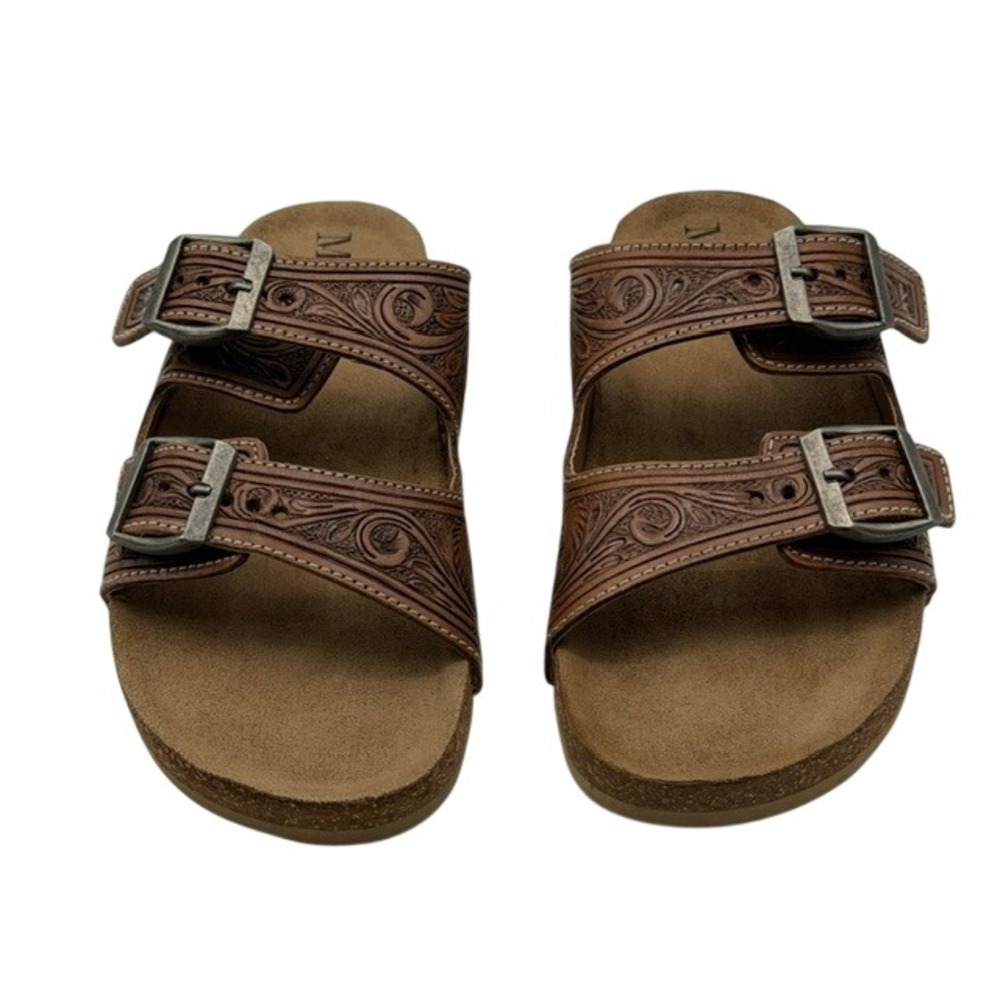 Myra Bag Tan Tooled Leather Floral Western Slide Sandals  Womens 11 Cowgirl Boho
